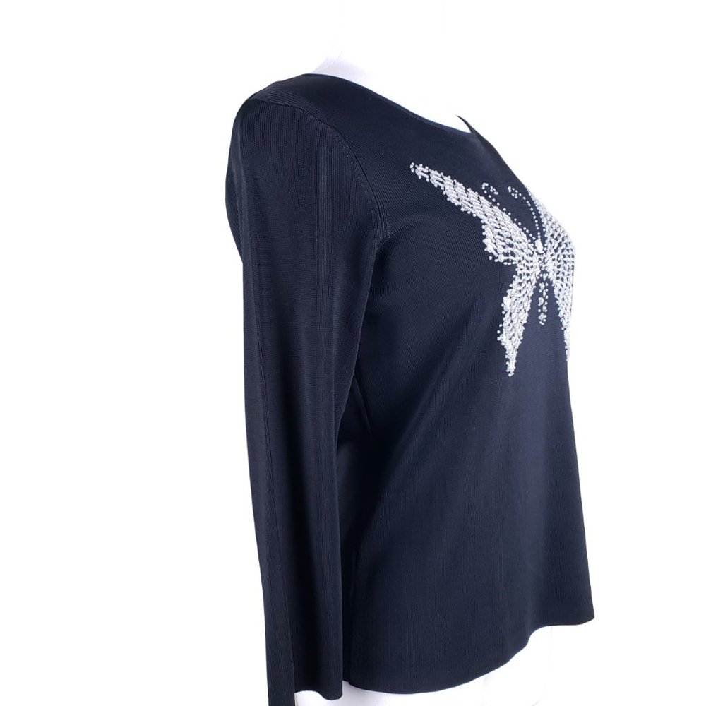 Lucia Burns Butterfly Tee Black Beaded Sequins Fitted Knit Top Large, Fits Med - Picture 4 of 8